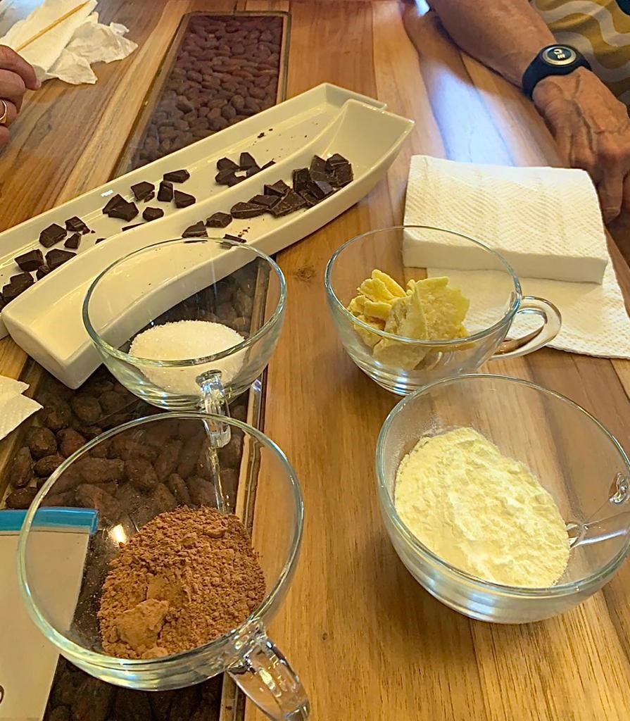 Fresh cacao pod cut open during tour